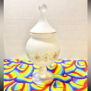 Frosted Satin Glass Pedestal Apothecary Jar Floral and Gold Details